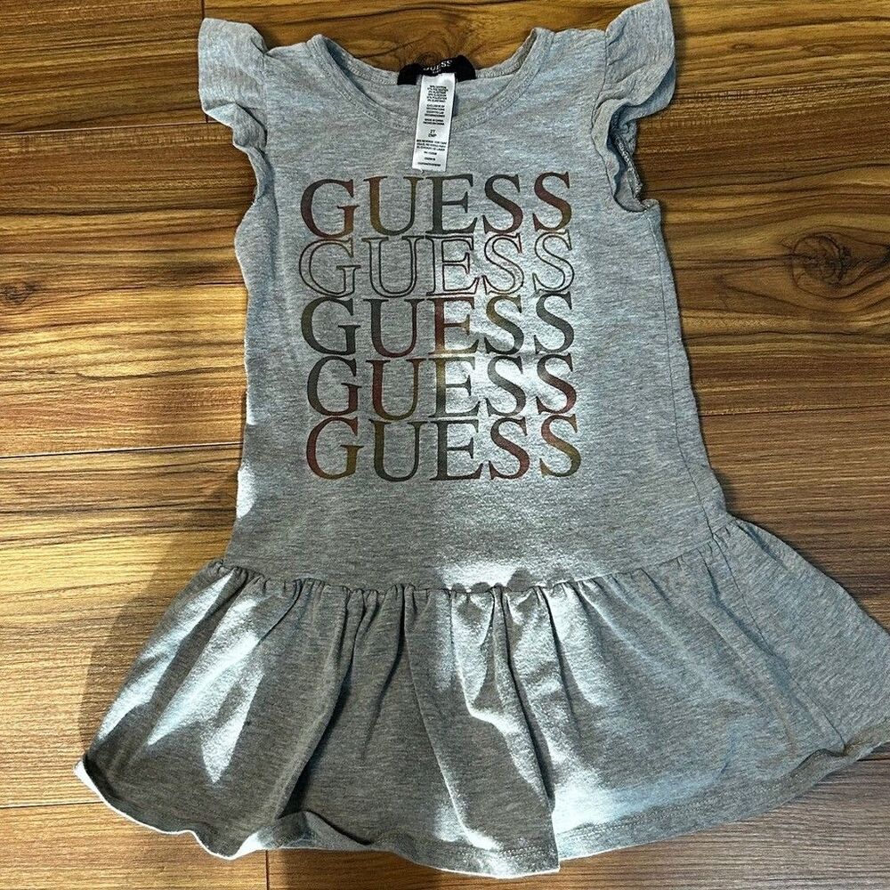 Guess Kids Girls Gray Ruffle Dress Size 2T Flutter Sleeve Logo Graphic Knit